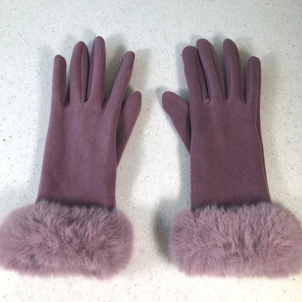 Dusty Mauve Purple Faux Fur Trim Touchscreen Gloves Womens Winter Chic Coquette